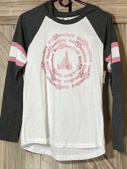 Walt Disney World Metallic Rose Gold Pink Castle Raglan Hoodie Long Sleeve Shirt