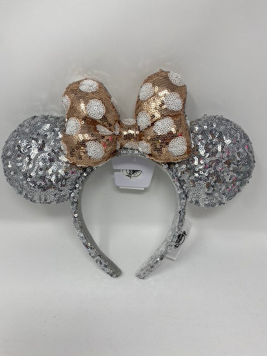 Disney Silver Sequin with Rose Gold Polka Dot Bow Minnie Ear Headband