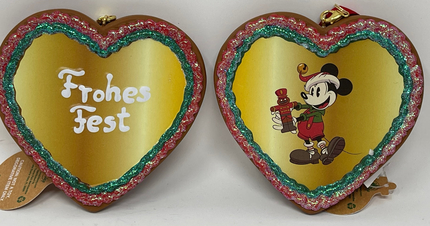 Disney Epcot Germany Mickey Frohes Fest Glitter Heart 2 Sided Ornament