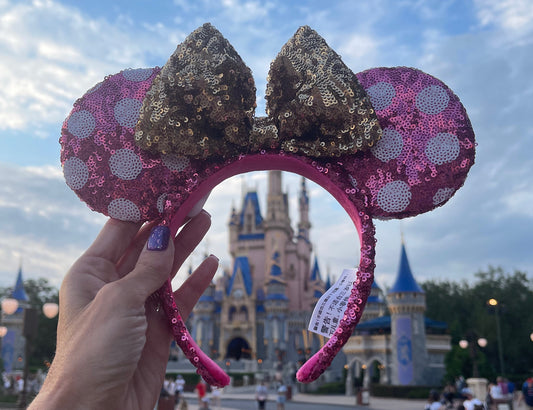 Disney Pink Sequin with White Polka Dots and Gold Bow Minnie Ear Headband