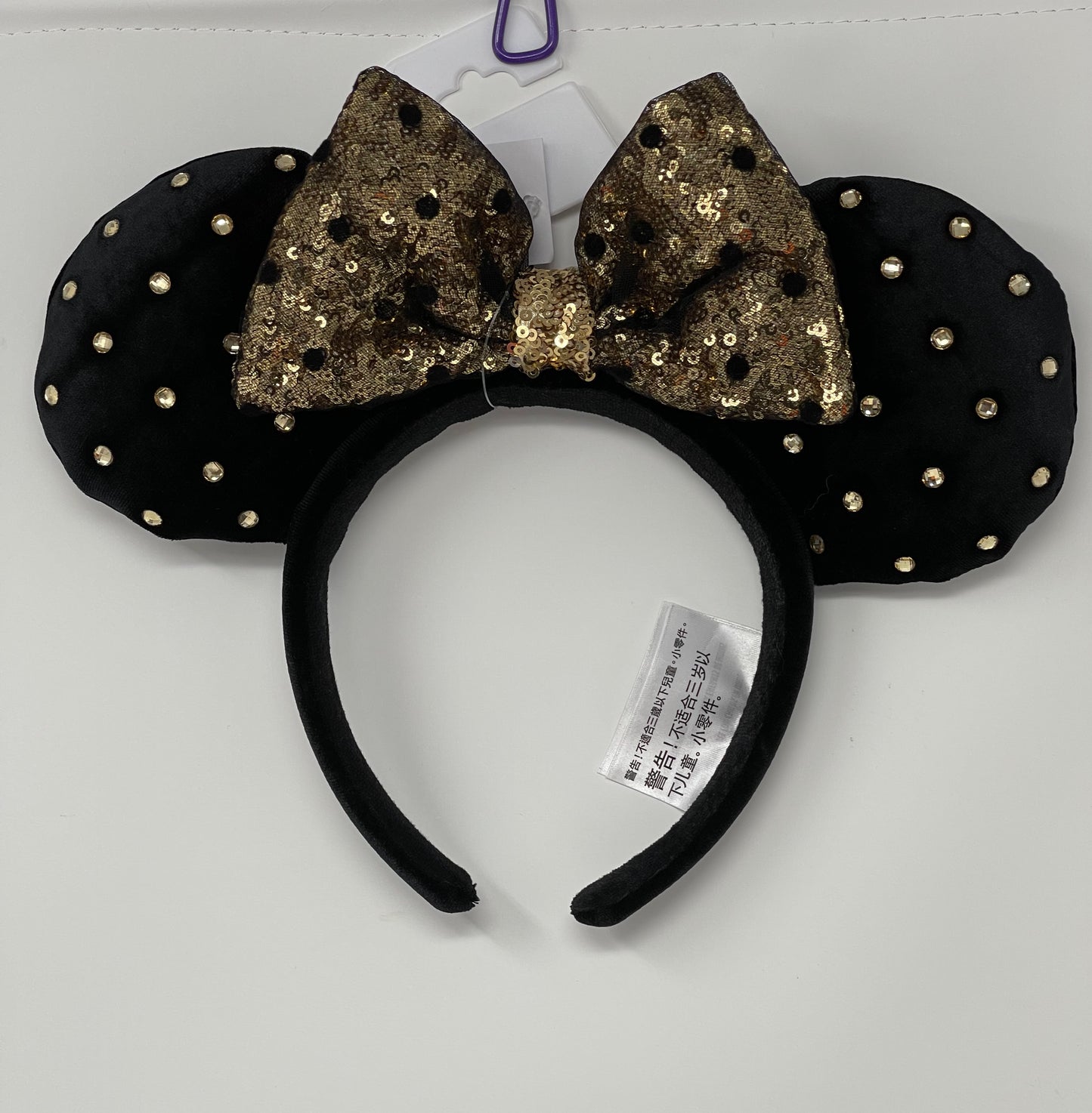 Disney Black Velvet Bronze Gold Sequin Polka Dot Minnie Ear Headband