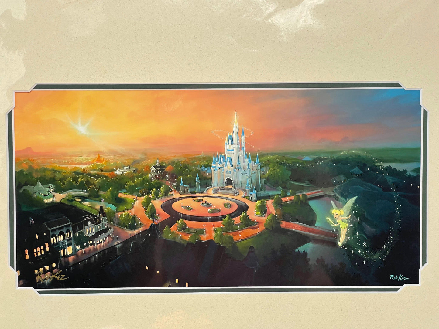 Disney “Magical Sunrise” Castle/Tinkerbell 14x18” Matted Print SIGNED Rob Kaz