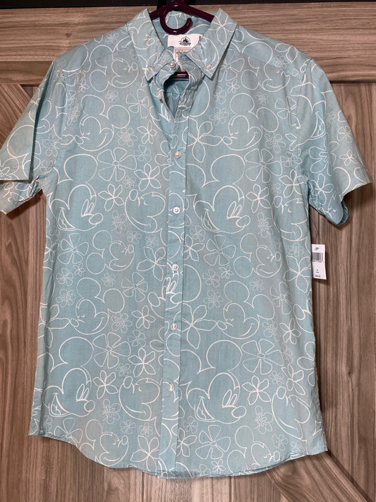 Disney Mickey Hawaiian Button Aloha Sky Blue Shirt