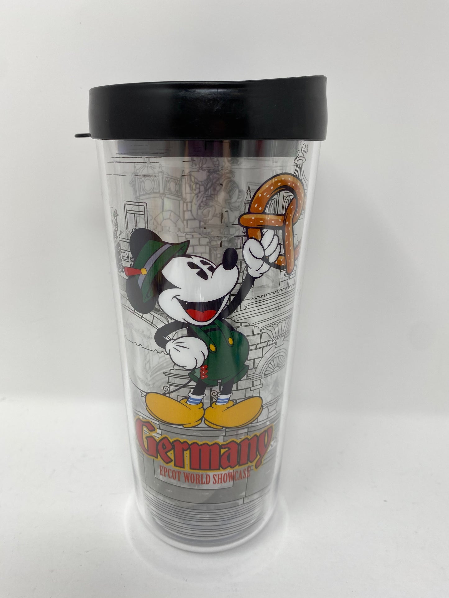 Disney Epcot Germany Mickey Pretzel Tumbler Cup with Lid 18oz