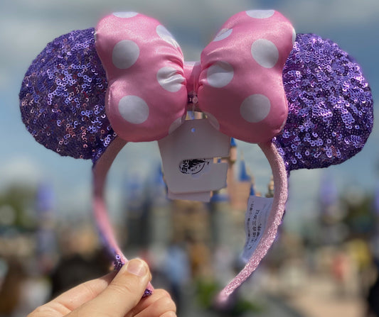 Disney Minnie Mouse Purple Sequin Ear Headband with Pink Polka Dot Bow