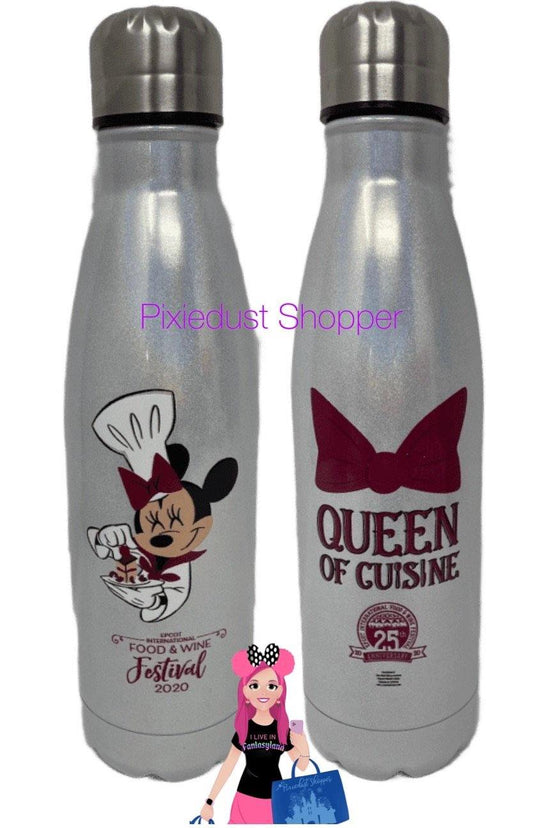 Disney Epcot Food and Wine Festival 2021 Queen of Cuisine Minnie Glitter Stainless Steel Water Bottle - World of Treasures