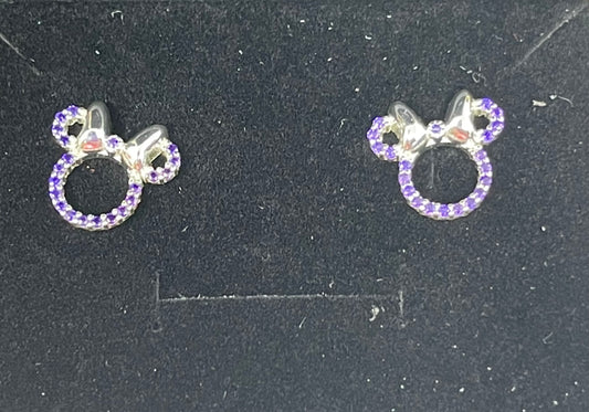 Disney Rebecca Hook Minnie Earrings Purple CZ .925 Sterling Silver Gun Metal