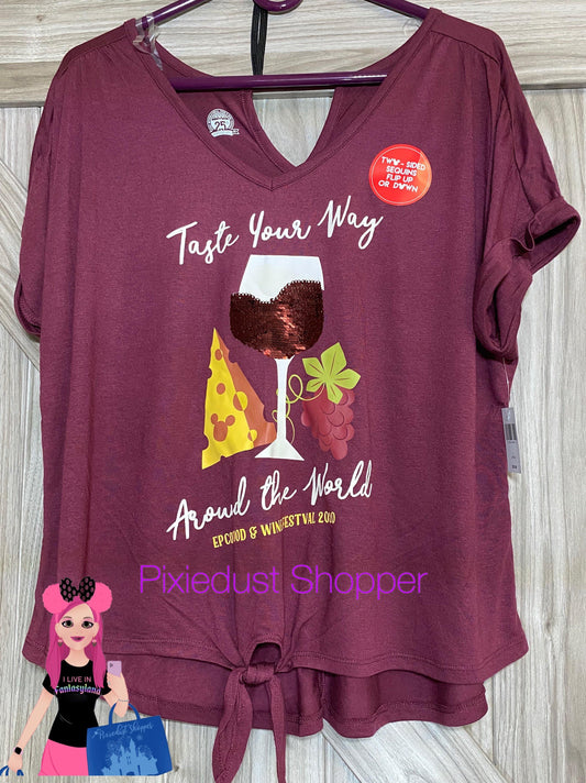 Disney Epcot Food and Wine Festival 2020 Taste your Way Around the World Flip Sequin Tie Shirt - World of Treasures