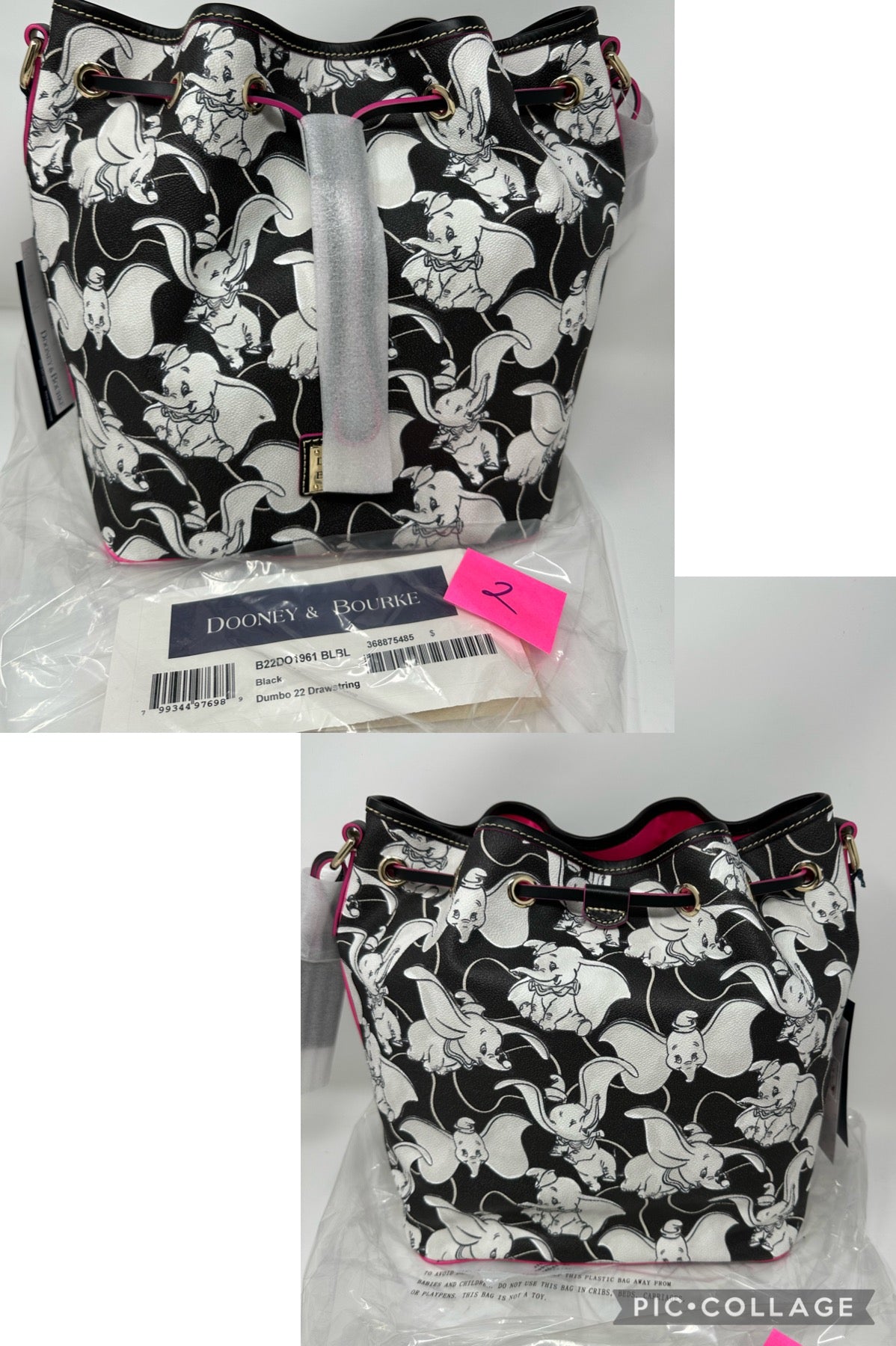 Disney Dooney & Bourke Dumbo Black & White Drawstring Bag Purse