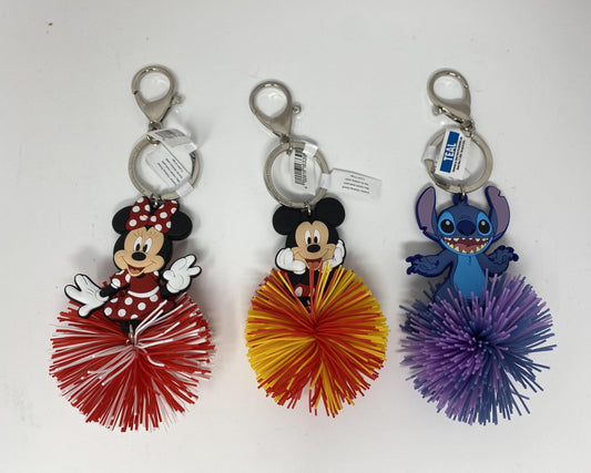 Disney Mickey, Minnie, or Stitch Koosh Pom Pom Keychain Clip - World of Treasures