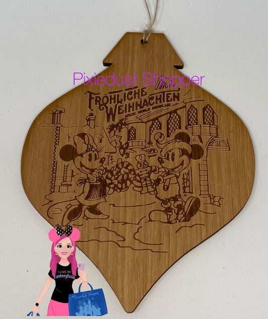 Disney Epcot Germany World Showcase Frohliche Mickey and Minnie Carved Wood Ornament - World of Treasures