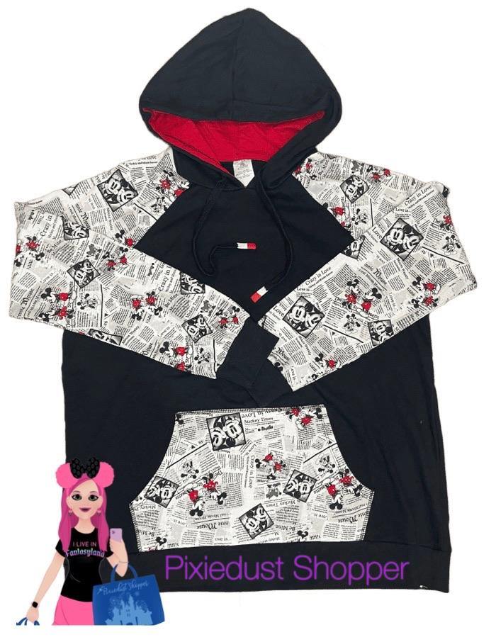 Disney Mickey and Minnie Mouse Newsprint Comics Pullover Hoodie for Adults - World of Treasures