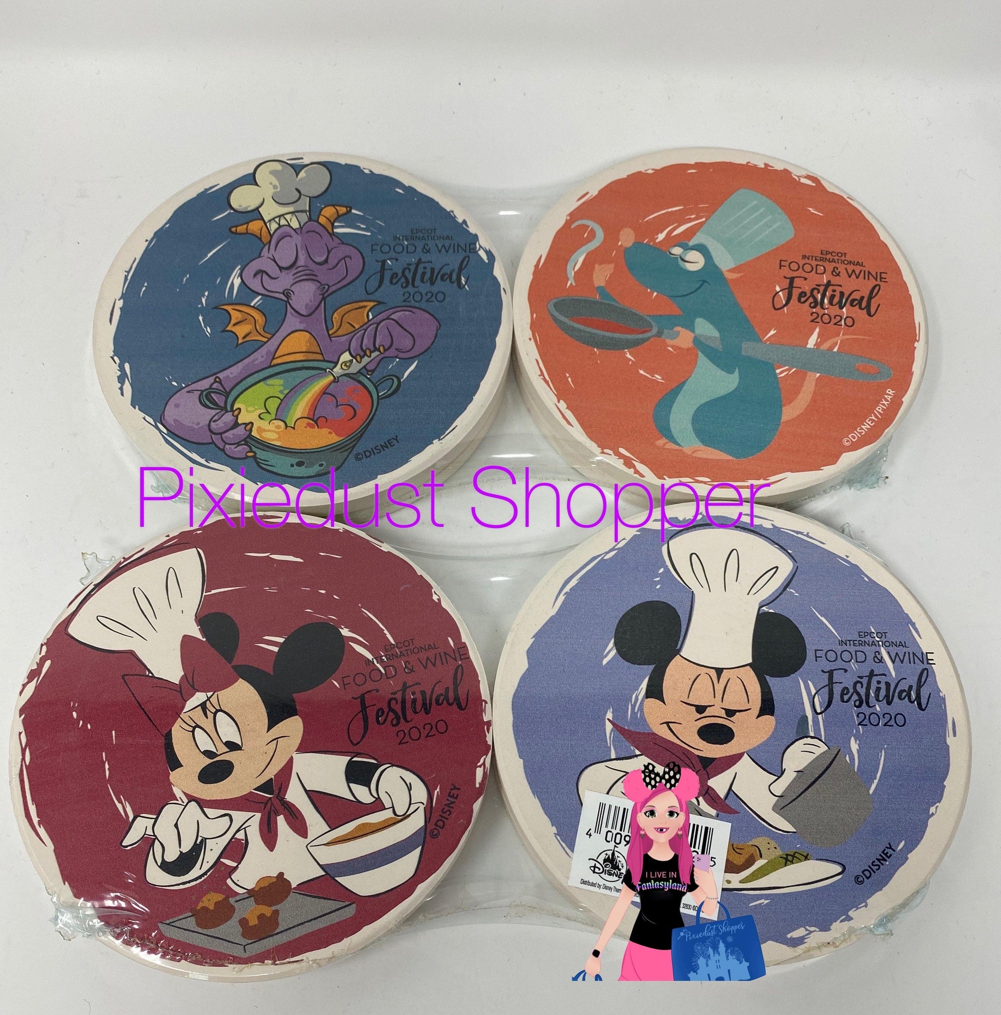 Disney Epcot Food and Wine Festival 2020 Figment, Remy, Mickey, and Minnie Ceramic Coaster Set - World of Treasures