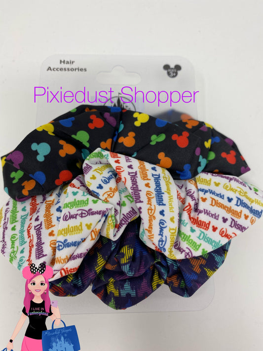 Disney World/Disneyland Logo, Colorful Mickey Heads, and Castle 3 pack Hair Scrunchies - World of Treasures