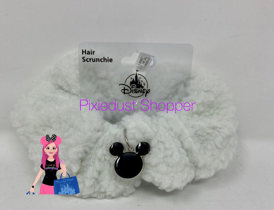 Disney White Sherpa With Black Mickey Gem Hair Scrunchie - World of Treasures