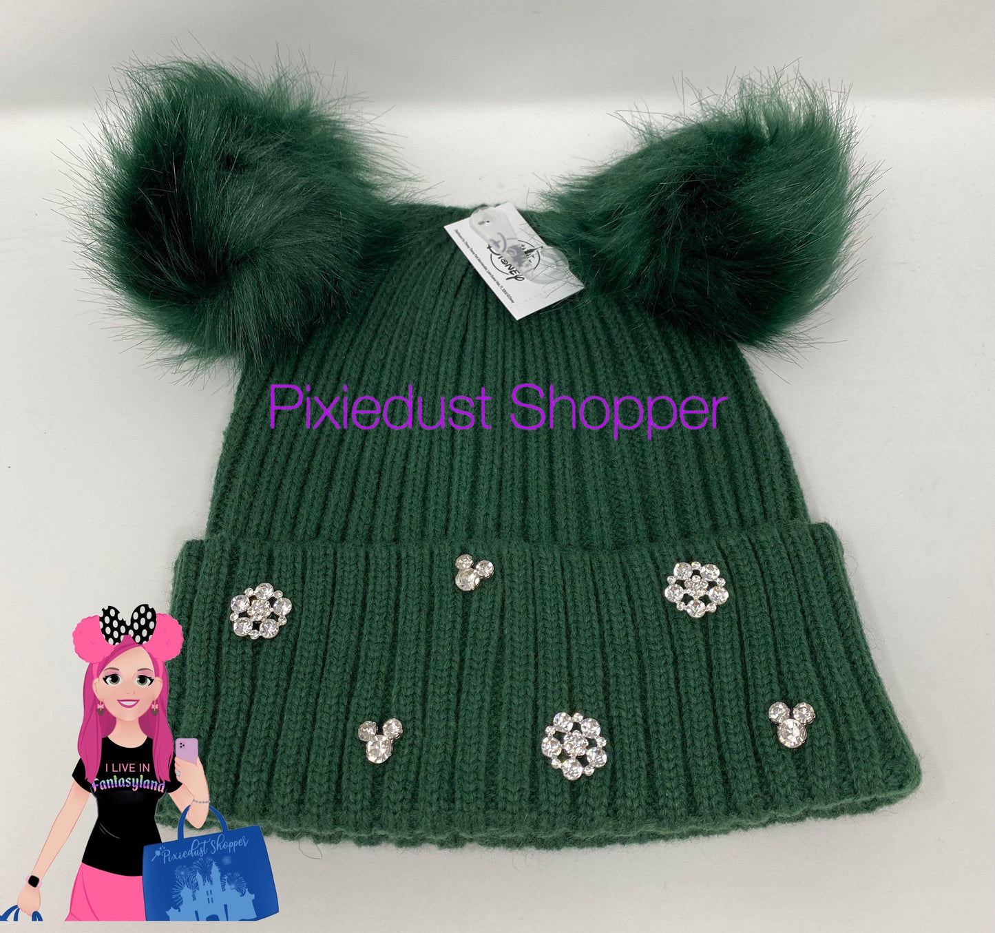 Disney Emerald Green Mickey Rhinestone Pom Pom Hat or Tech Gloves - World of Treasures