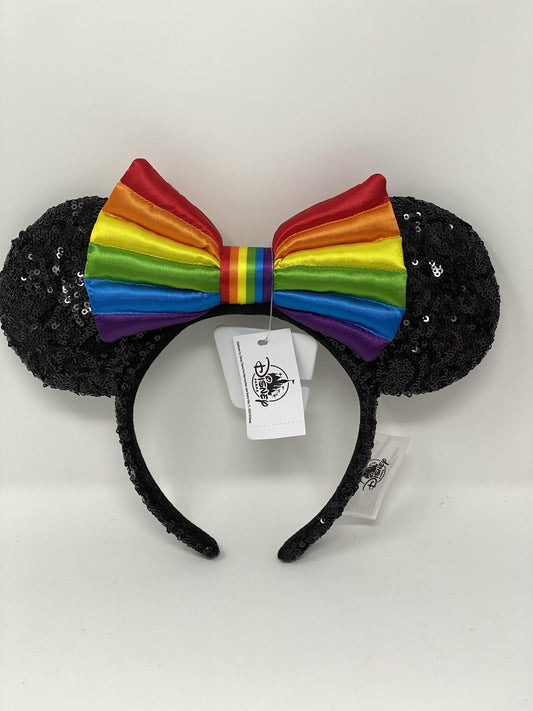 Disney Black Sequin Sequin Ears with a Rainbow Bow Minnie Headband - World of Treasures