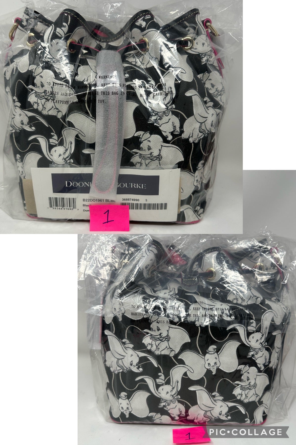 Disney Dooney & Bourke Dumbo Black & White Drawstring Bag Purse