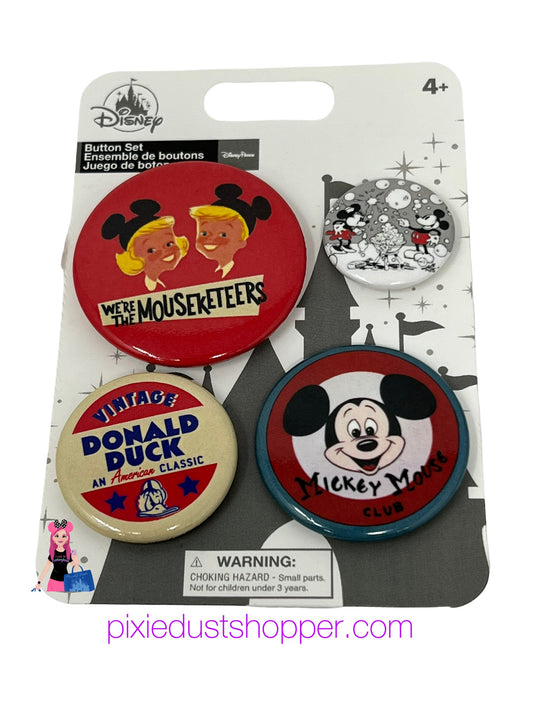 Disney Retro Mouseketeer, Mickey, and Donald Button Flair Pin Set