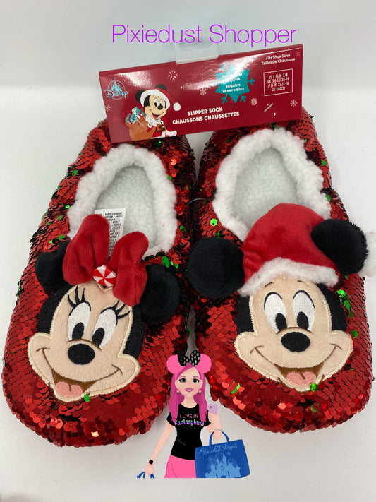 Mickey and Minnie Mouse Reversible Sequins Holiday Slippers for Adults - World of Treasures