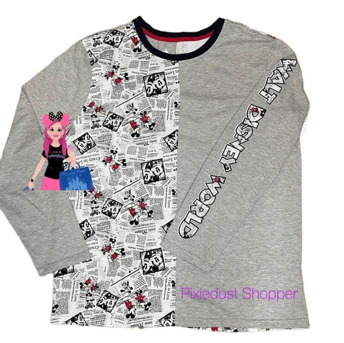 Walt Disney World Mickey and Minnie Mouse Newsprint Comics Long Sleeve T-Shirt for Adults - World of Treasures