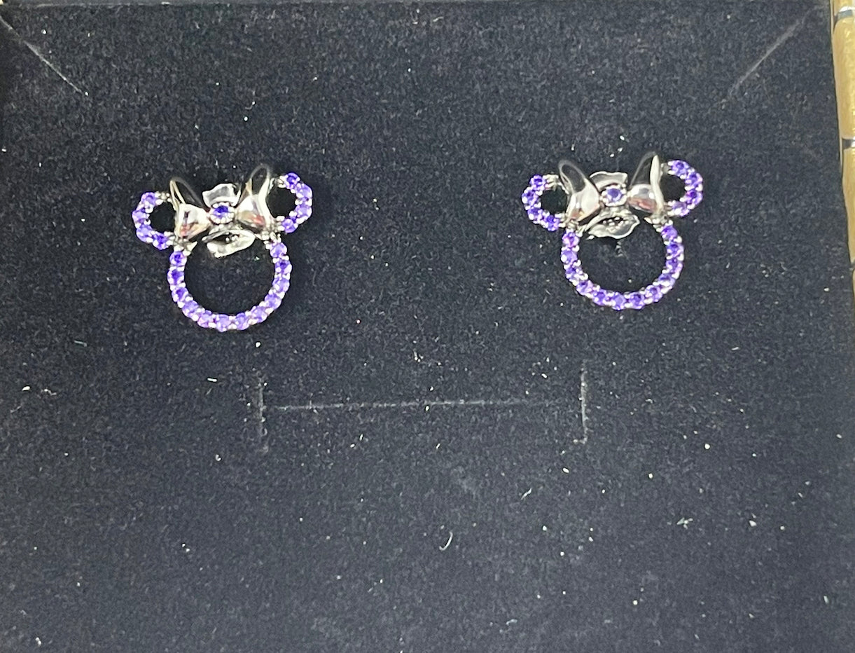 Disney Rebecca Hook Minnie Earrings Purple CZ .925 Sterling Silver Gun Metal