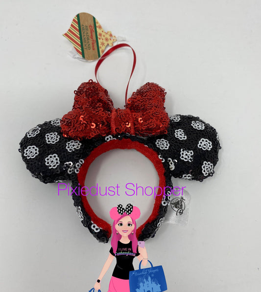 Disney Black with White Polka Dots and Red Bow Sequin Ear Headband Ornament - World of Treasures