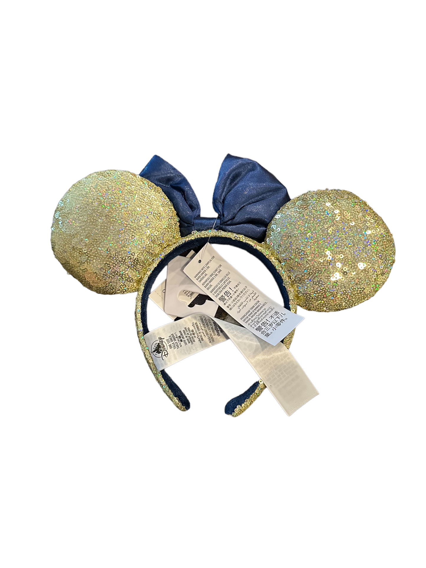 Disney World 50th Anniversary Gold Sequin Blue Satin Minnie Bow Ear Headband