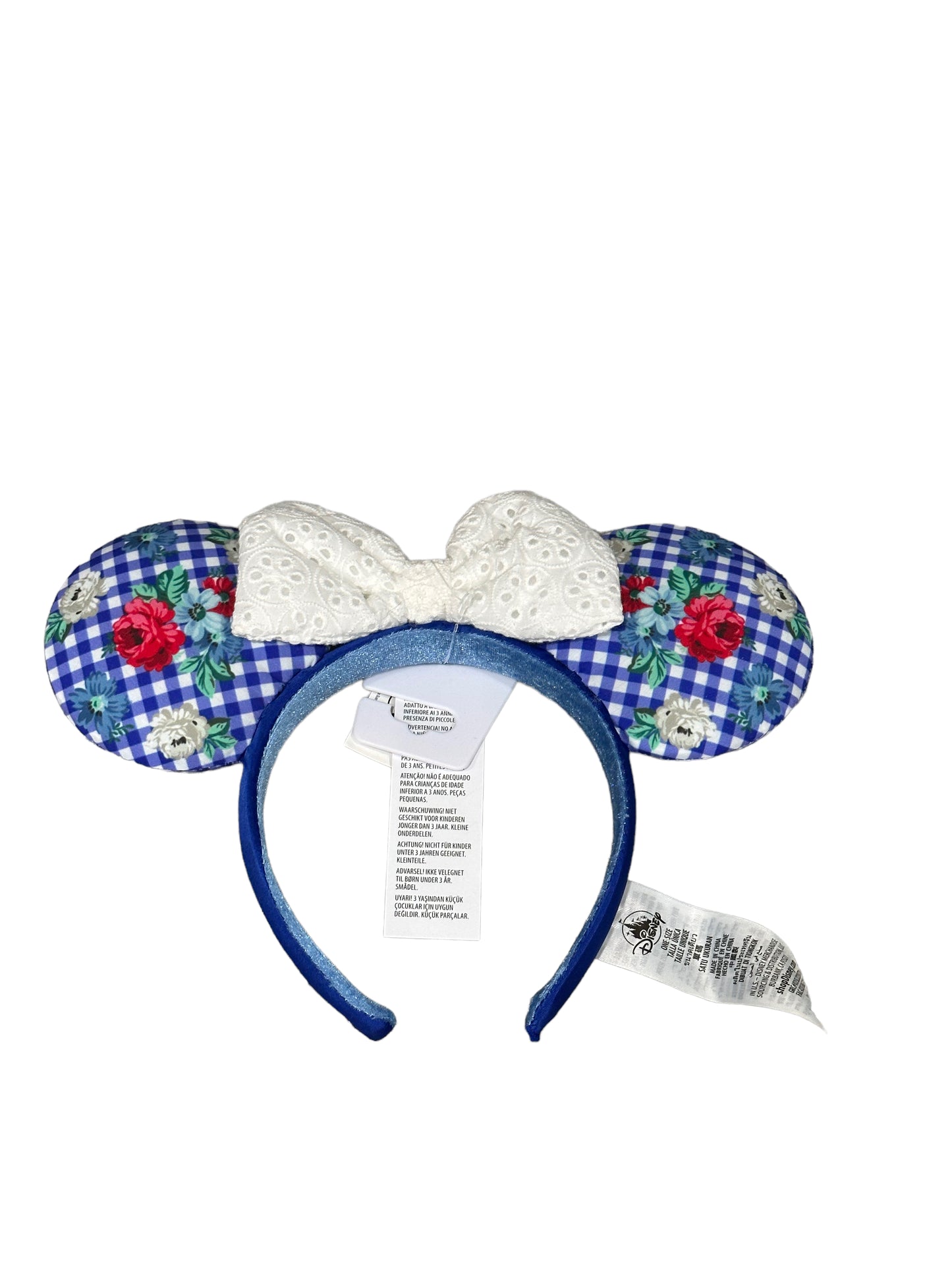 Disney Floral Cottage Blue Gingham Checkered Minnie Ear Headband with White Eyelet Bow