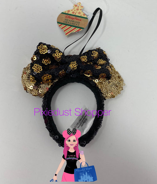 Disney Minnie Mouse Gold and Black Sequin Ear Headband Ornament - World of Treasures