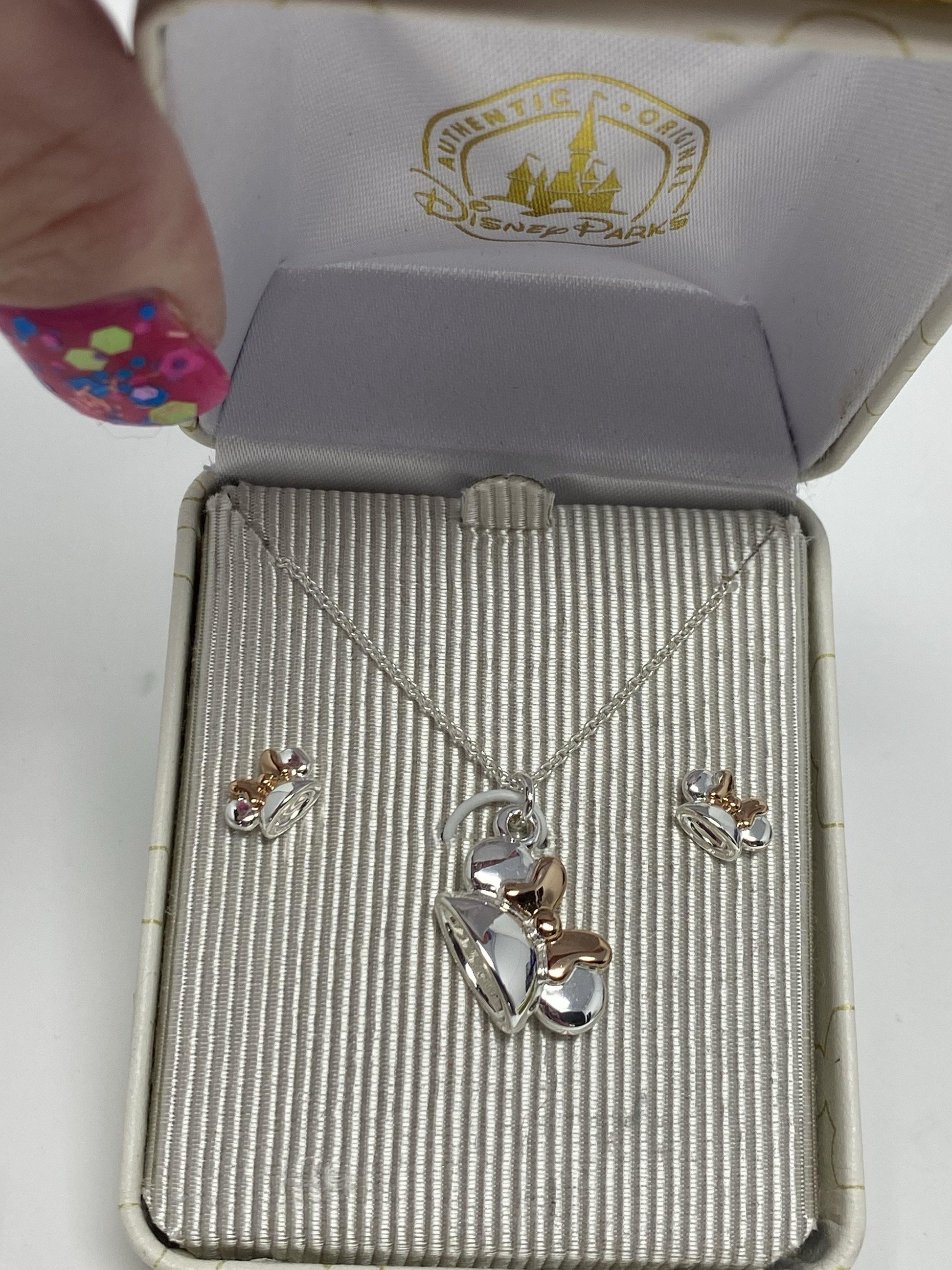 Disney Minnie Ear Hat Necklace and Earring Set in Silver with Rose Gold - World of Treasures