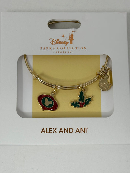 Disney Alex & Ani Holiday Christmas Mickey Ornament and Holly Bracelet Bangle in Gold