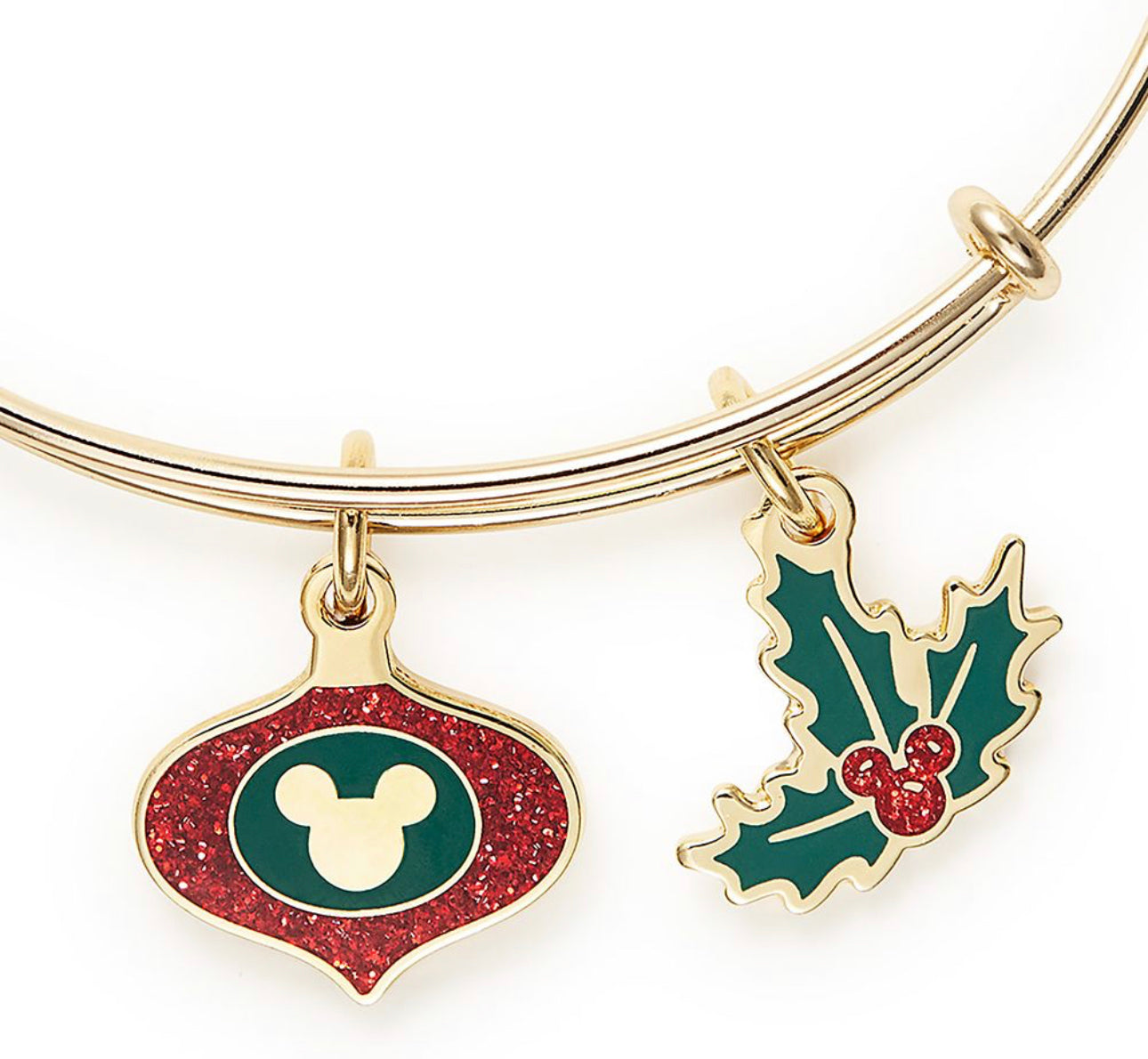 Disney Alex & Ani Holiday Christmas Mickey Ornament and Holly Bracelet Bangle in Gold