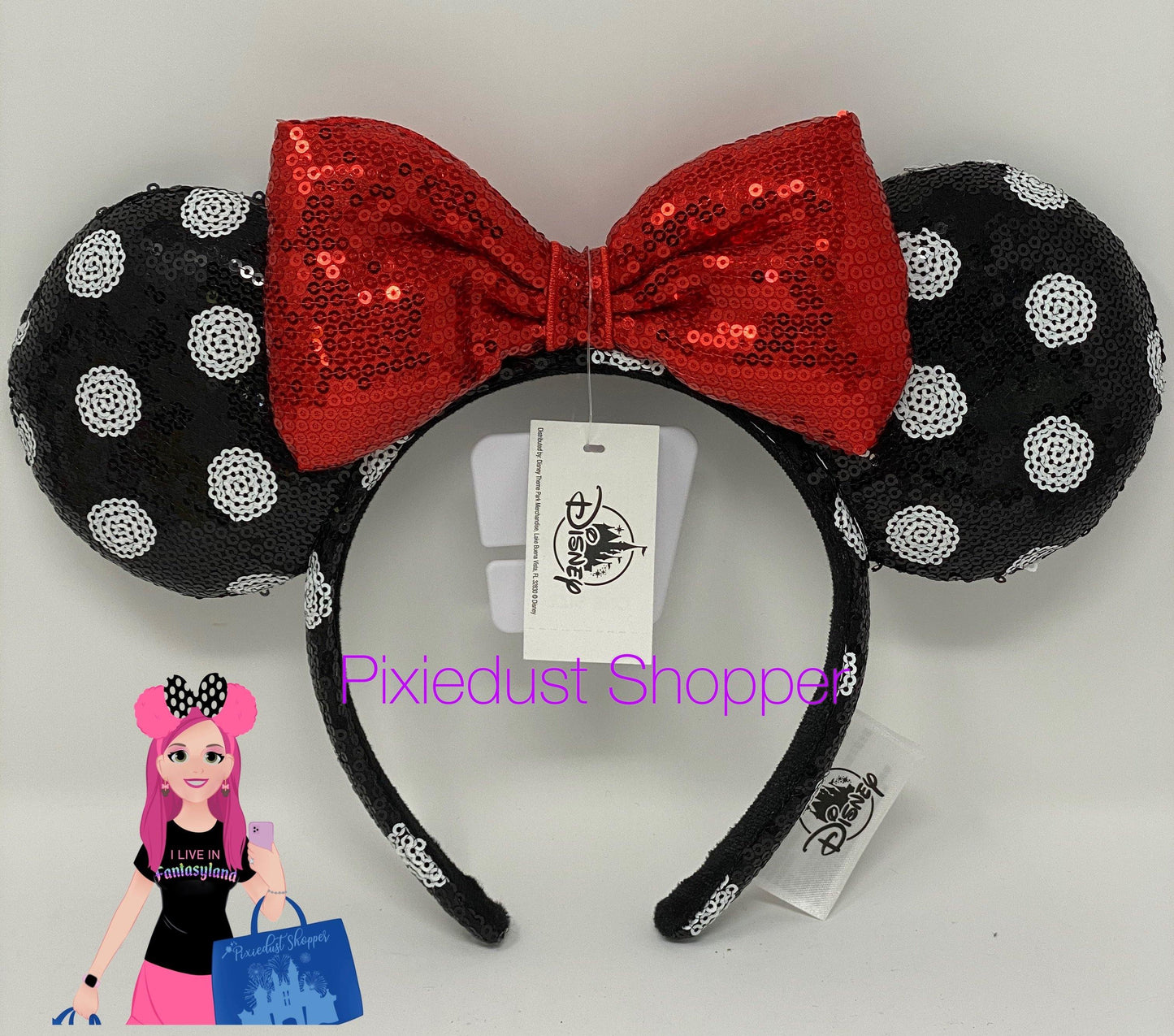 Disney Sequin Black and White Polka Dot Minnie Mouse Ear Headband with Red Bow - World of Treasures