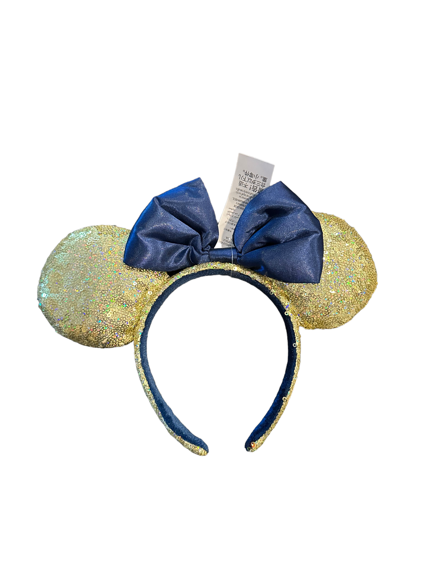 Disney World 50th Anniversary Gold Sequin Blue Satin Minnie Bow Ear Headband