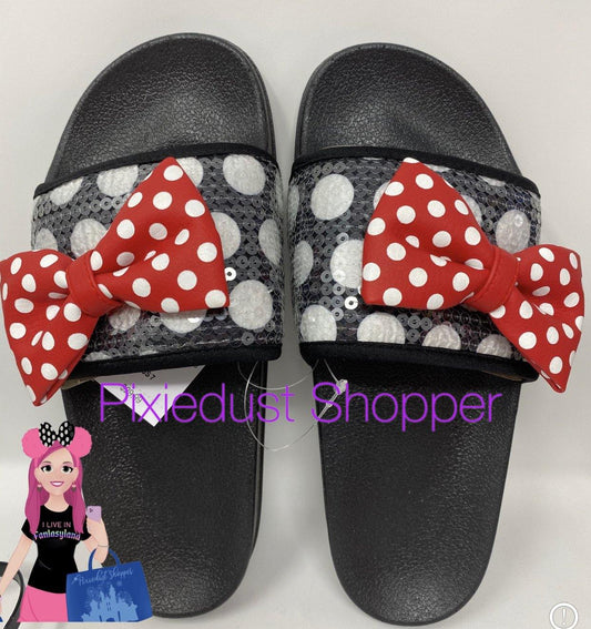 Disney Minnie Mouse Sequin Polka Dot Slide Ladies Flip Flops - World of Treasures