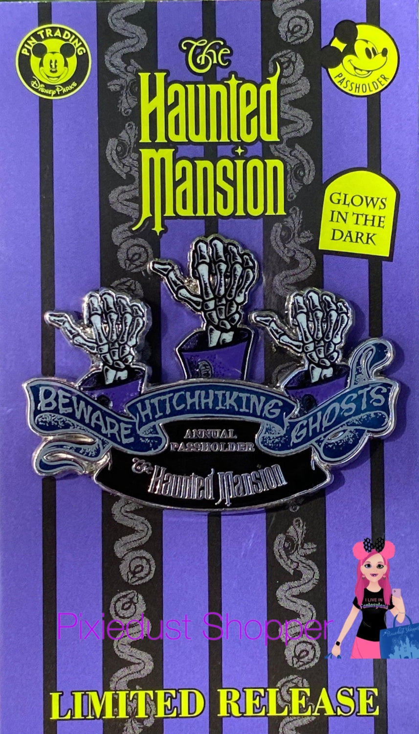 Disney Haunted Mansion Beware of a Hitchhiking Ghosts Glow in the Dark AP Pin-Limited Release - World of Treasures