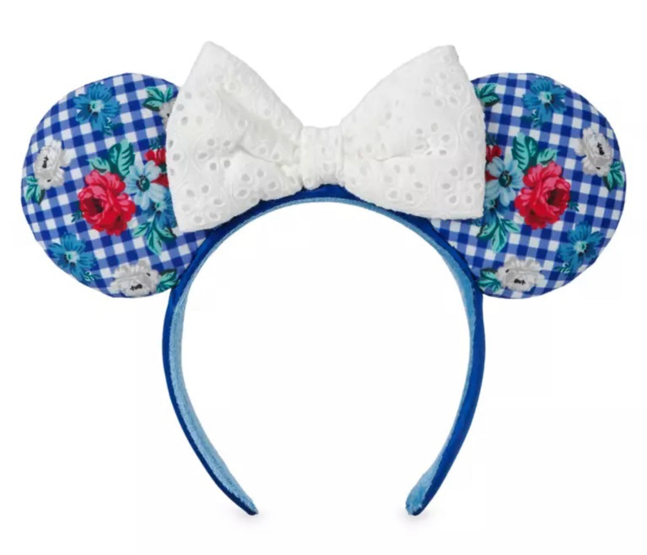 Disney Floral Cottage Blue Gingham Checkered Minnie Ear Headband with White Eyelet Bow