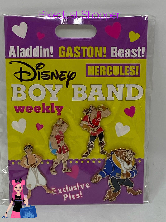 Disney Boy Band Weekly Aladdin, Hercules, Gaston, Beast 4 Pin Set - World of Treasures