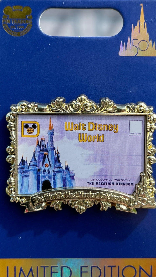 Walt Disney World 50th Anniversary Magic Kingdom Postcard Pin - World of Treasures