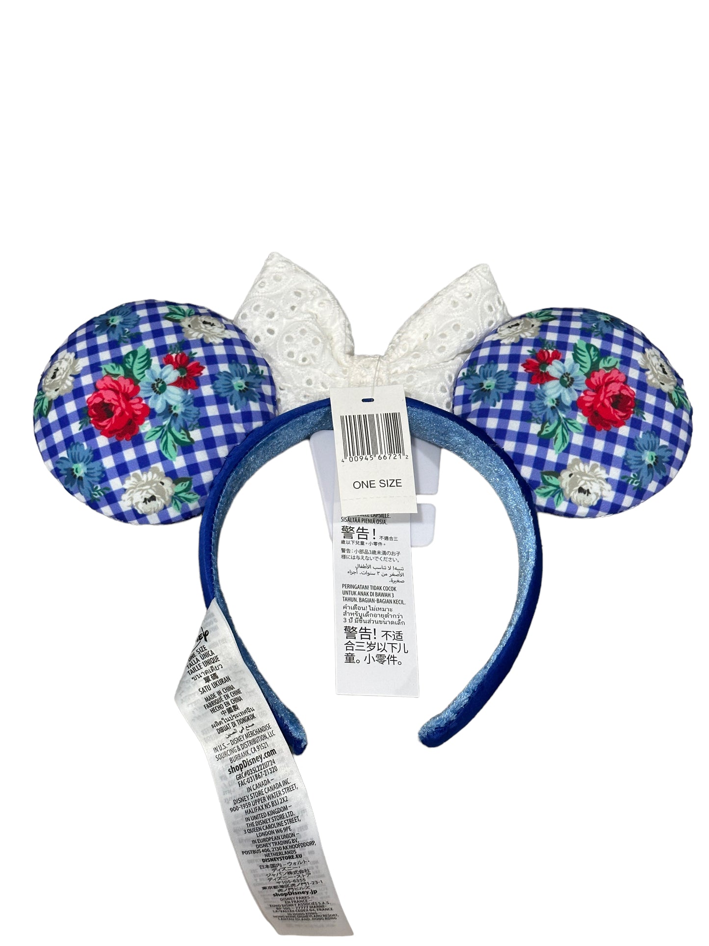 Disney Floral Cottage Blue Gingham Checkered Minnie Ear Headband with White Eyelet Bow