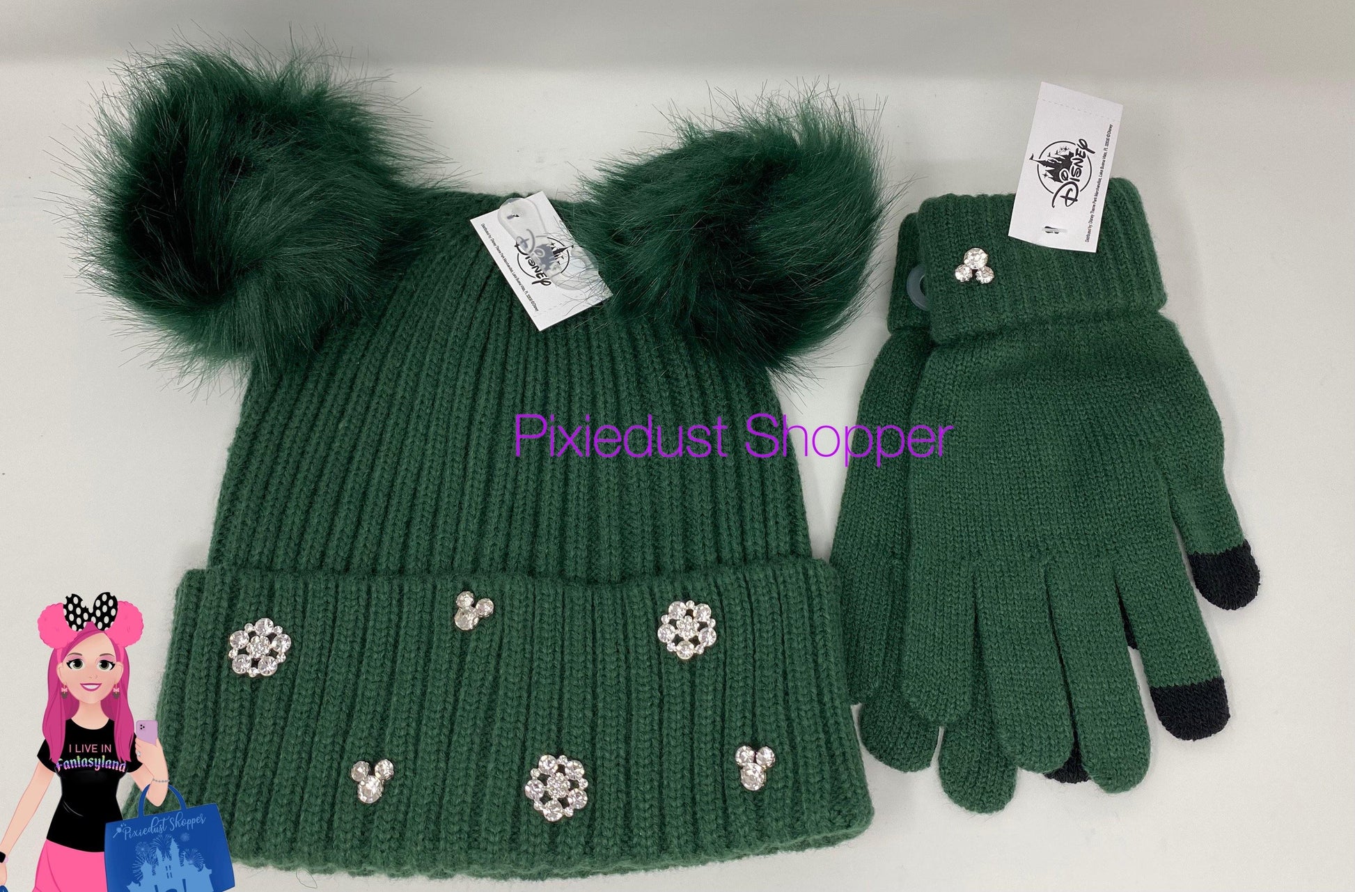 Disney Emerald Green Mickey Rhinestone Pom Pom Hat or Tech Gloves - World of Treasures