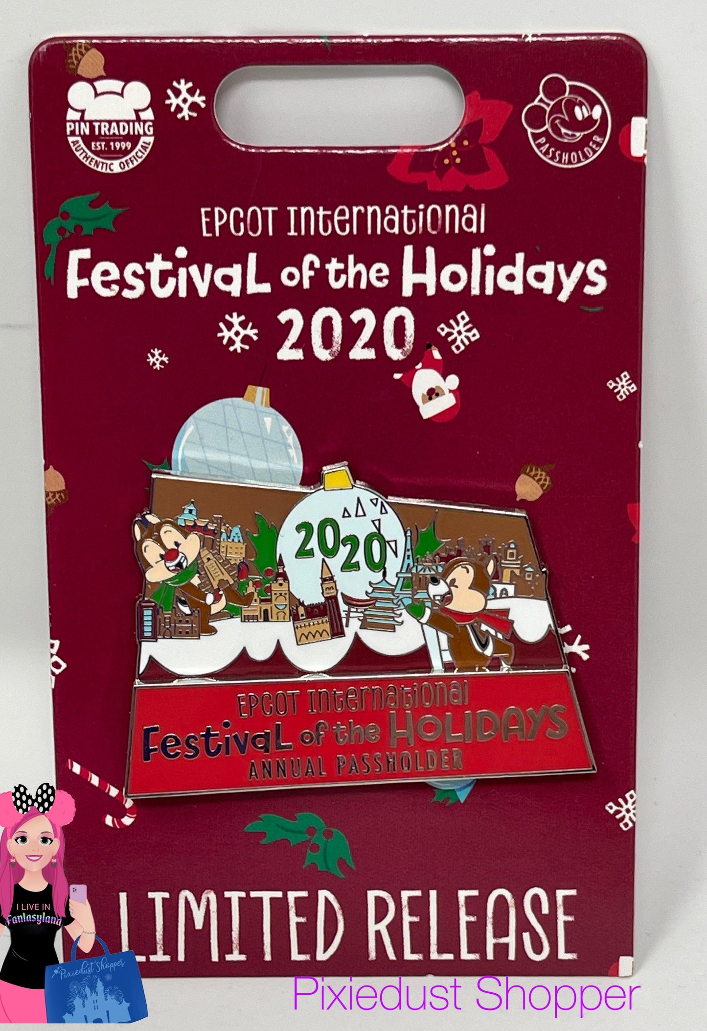 Disney Epcot Festival of Holidays 2020 Chip and Dale Passholder Pin - World of Treasures