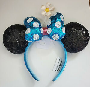 Disney Minnie Mouse Sequin Blue and White Polka Dot Bow with Daisy Ear Headband